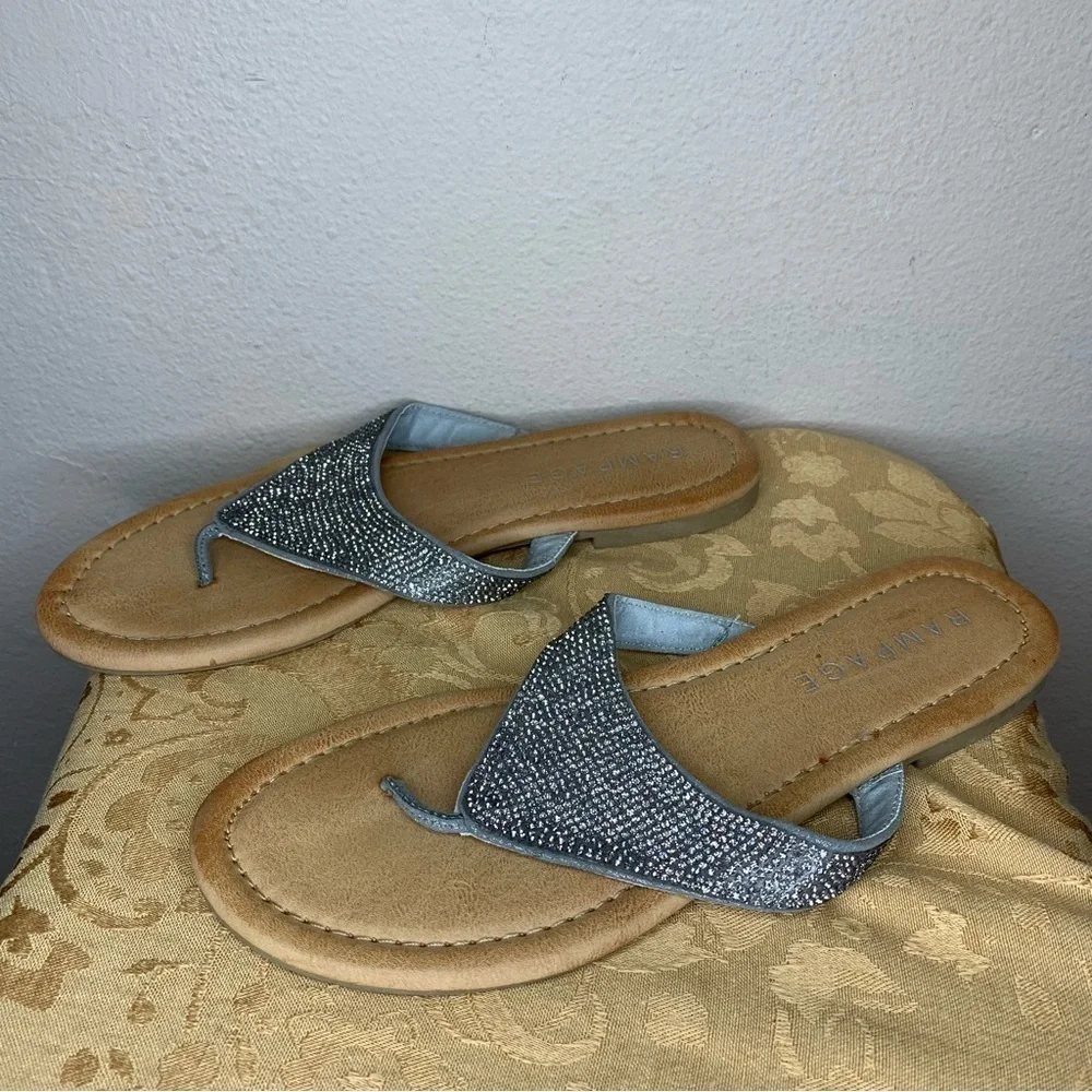 Size 6.5 Rampage Silver Studded Sandals Flats Tan Bottom Synthetic Beachy